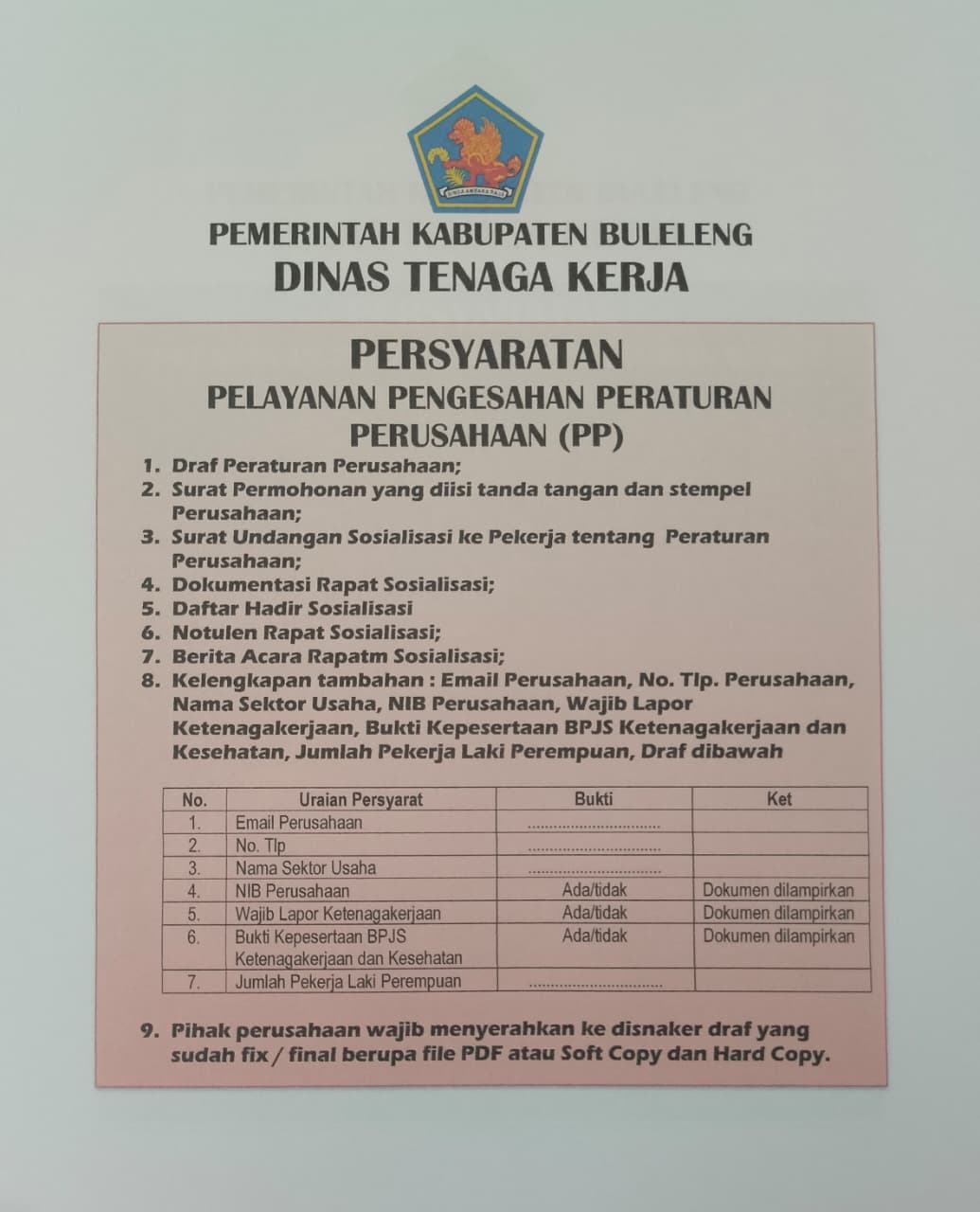 Persyaratan Pelayanan Pengesahan Peraturan Perusahaan (PP)